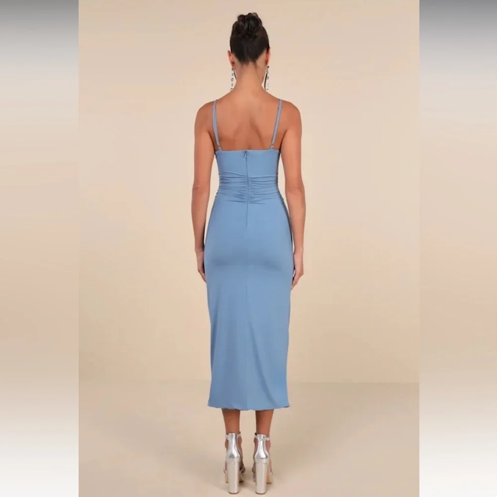 Lulus Mesmerizing‎ Reputation Slate Blue Twist-Front Bodycon Midi Dress Size XL